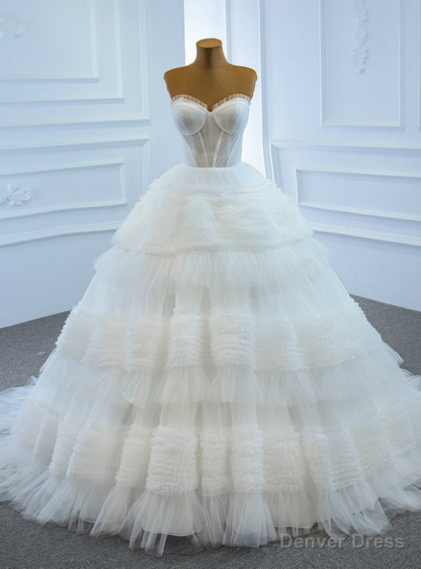 Prom Season White Ball Gown Tulle Sweetheart Pleats Tiers Wedding Dress Main image