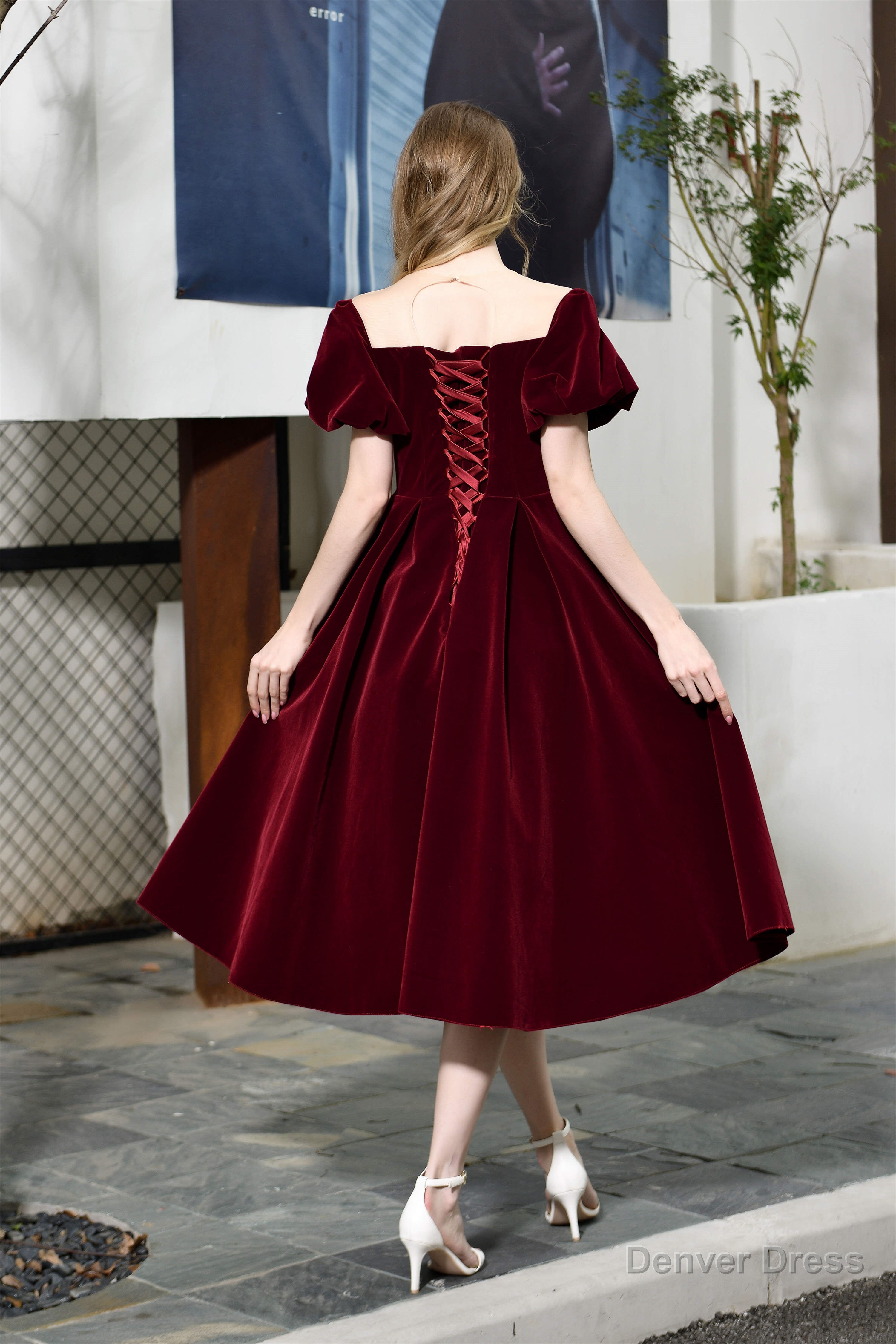 Puff Sleeve Ankle Length Velvet Deep V Neck Vintage Prom Dresses