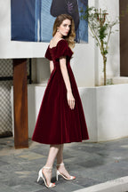 Puff Sleeve Ankle Length Velvet Deep V Neck Vintage Prom Dresses