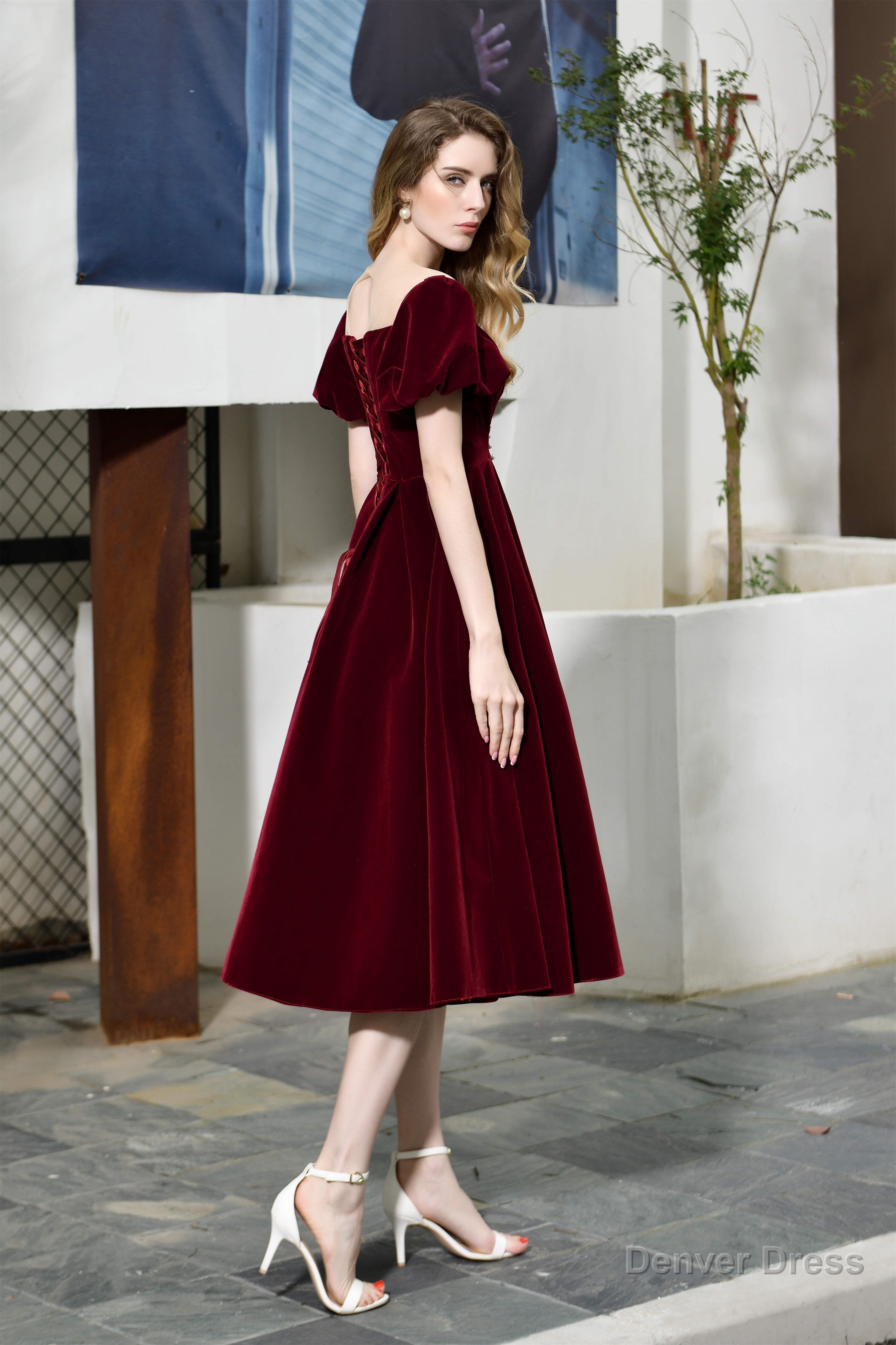 Puff Sleeve Ankle Length Velvet Deep V Neck Vintage Prom Dresses