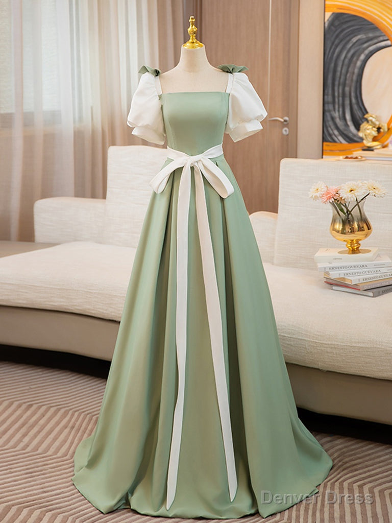 Puff  Sleeves A-line Satin Green/White Long Prom Dress, Green Long Formal Dress Secondary image