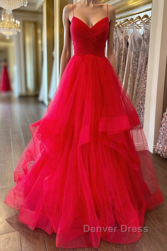 Puffy Red Tulle V Neck Long Prom Dress, V Neck Red Prom Dress, Red Prom Dresses Main image