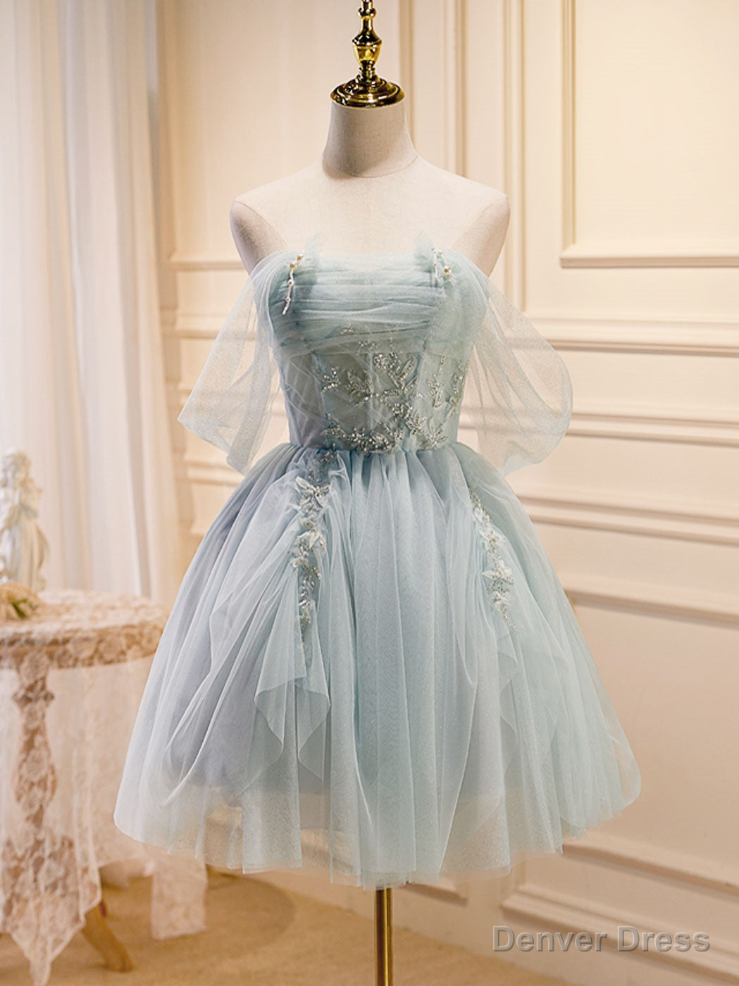 Puffy Tulle Off Shoulder Green Short Prom Dress, Green Homecoming Dresses Secondary image