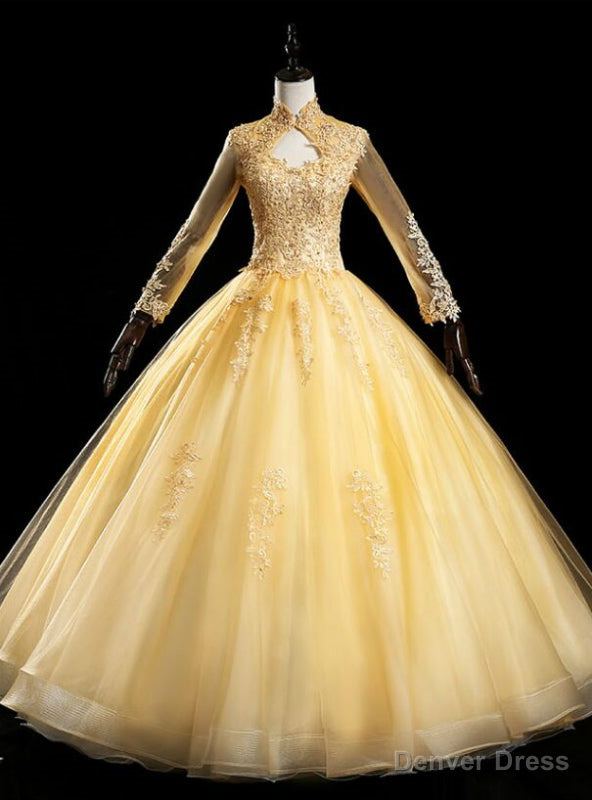 Purchase Your Favorite Gold Ball Gown Tulle Appliques Long Sleeve High Neck Quinceanera Dress Main image