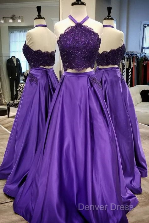 Purple 2 Piece Lace Prom Dresses Halter Long Evening Gowns With Pockets Secondary image
