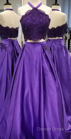Purple 2 Piece Lace Prom Dresses Halter Long Evening Gowns With Pockets