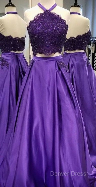 Purple 2 Piece Lace Prom Dresses Halter Long Evening Gowns With Pockets
