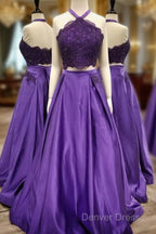 Purple 2 Piece Lace Prom Dresses Halter Long Evening Gowns With Pockets