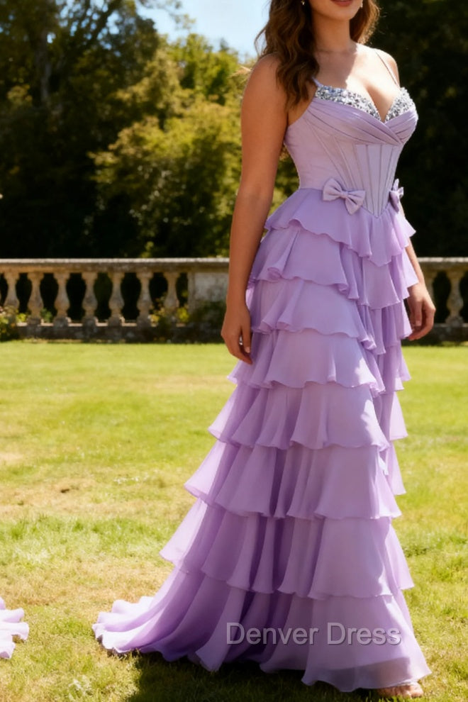 Purple A-Line Beaded Corset Tiered Ruffle Long Prom Dress with Lace Up Back