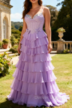 Purple A-Line Beaded Corset Tiered Ruffle Long Prom Dress with Lace Up Back