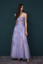 A Line Lace Appliques Long Prom Dresses