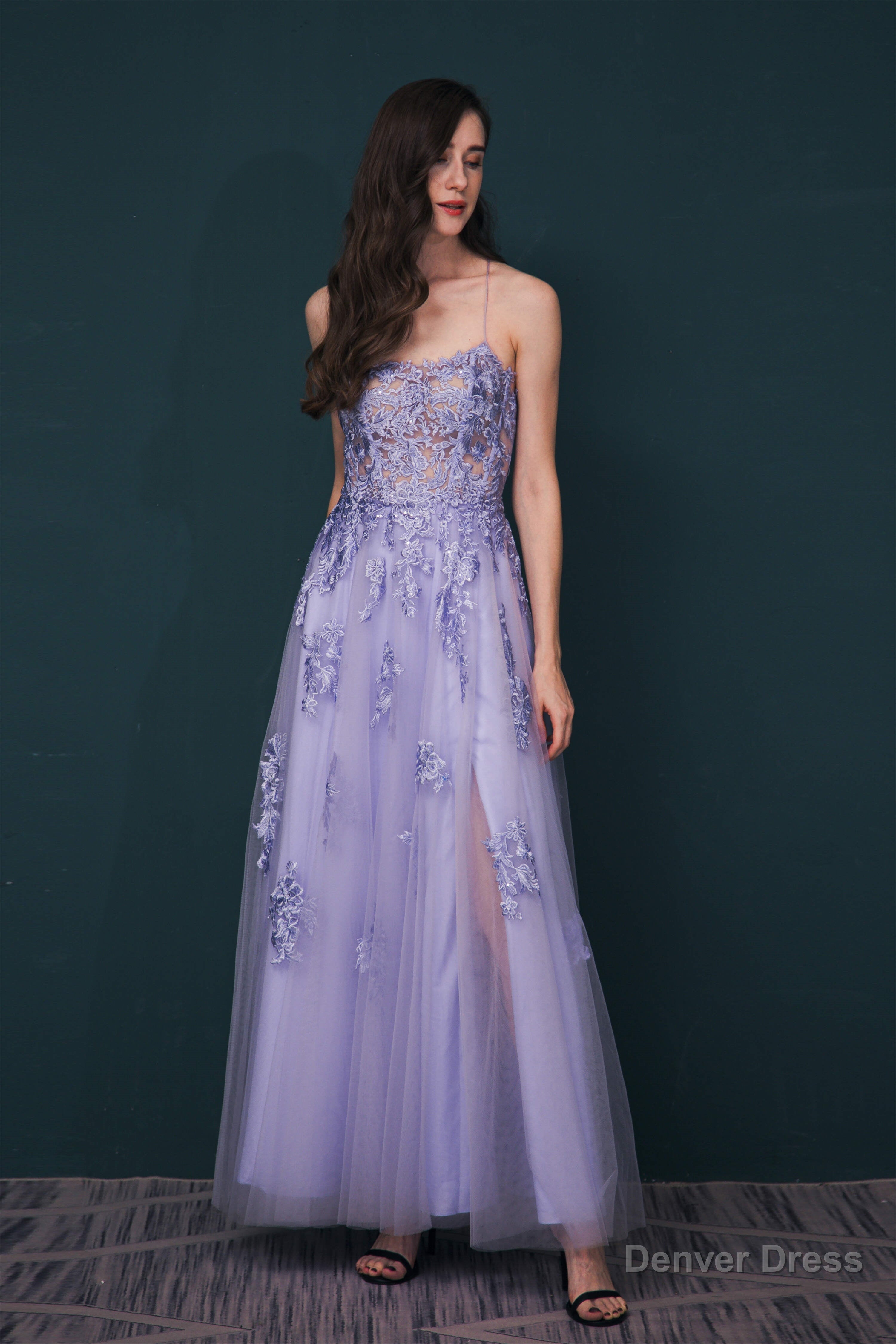 A Line Lace Appliques Long Prom Dresses