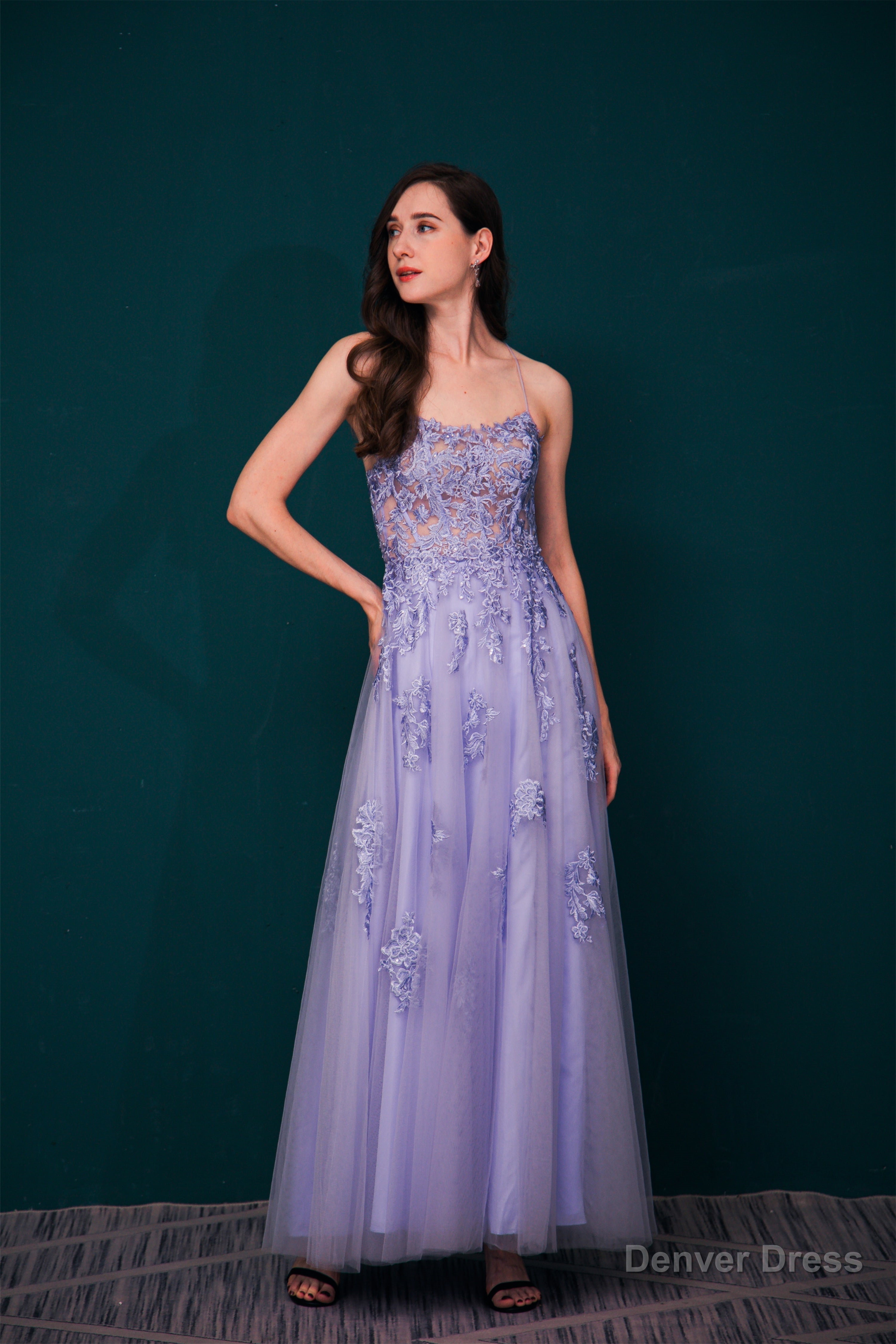 A Line Lace Appliques Long Prom Dresses