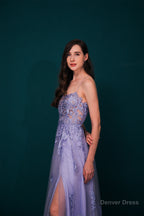 A Line Lace Appliques Long Prom Dresses
