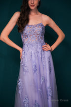 A Line Lace Appliques Long Prom Dresses