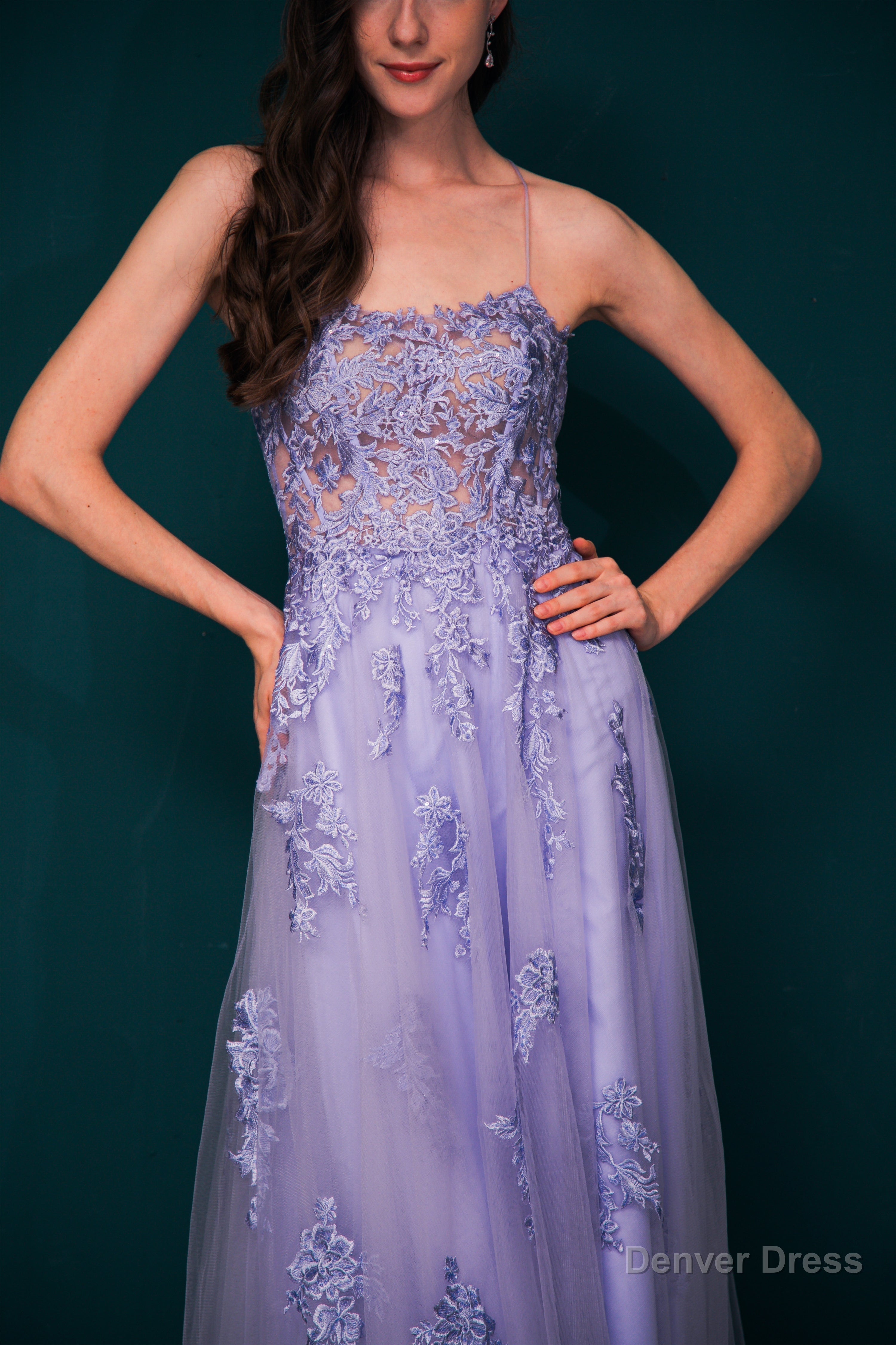 A Line Lace Appliques Long Prom Dresses