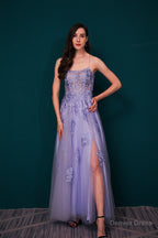 A Line Lace Appliques Long Prom Dresses