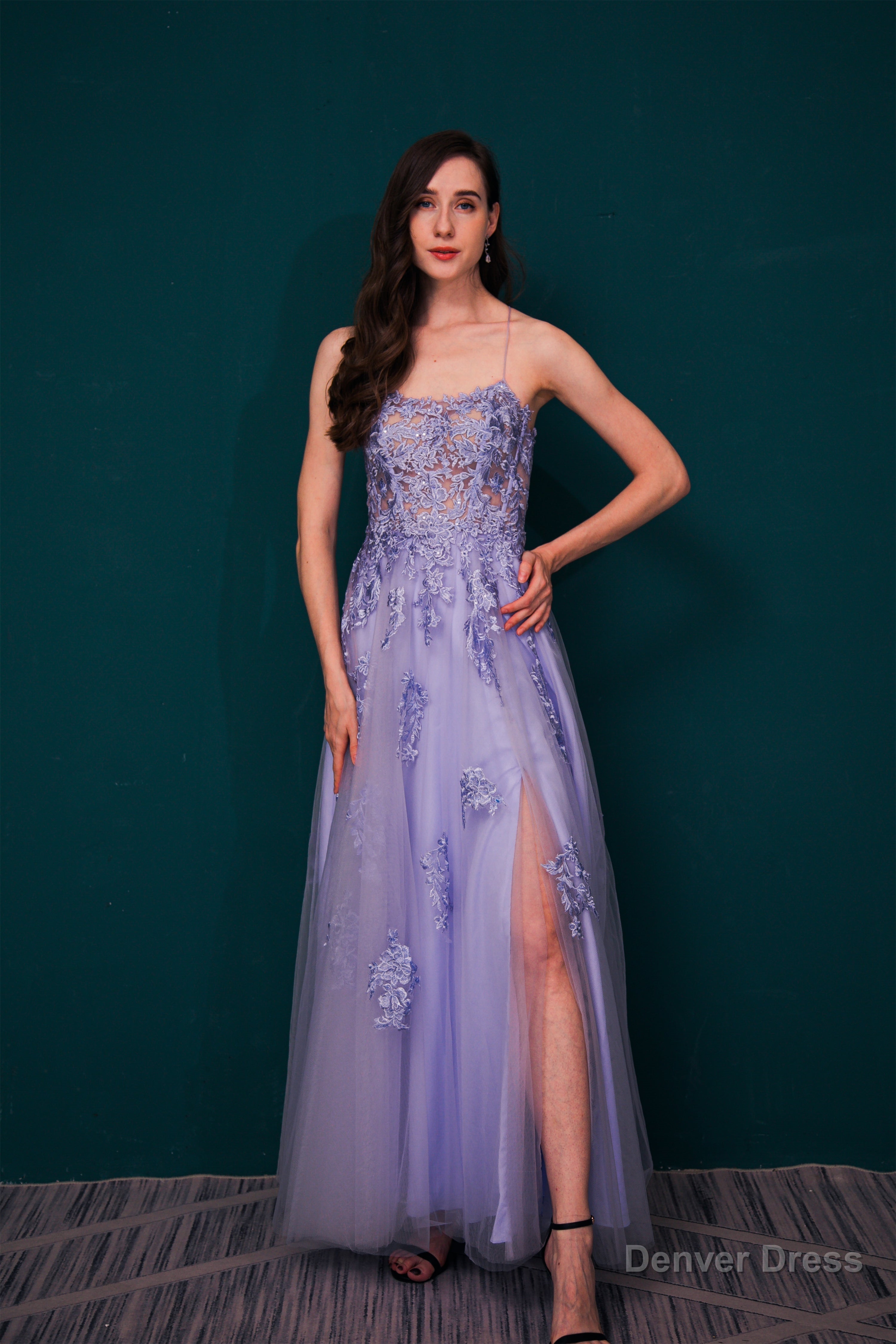 A Line Lace Appliques Long Prom Dresses