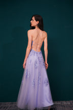 A Line Lace Appliques Long Prom Dresses