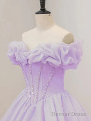 Purple A-Line Off Shoulder Long Ball Dress Purple Dress Prom Dresses