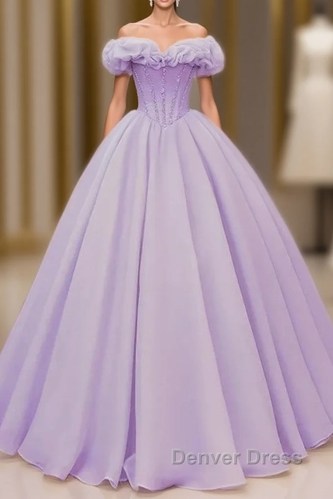 Purple A-Line Off Shoulder Long Ball Dresses Purple Dresses Prom Dresses Main image