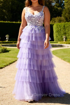 Purple A-Line Sequins Tulle Corset Tiered Long Prom Dress with Lace Up Back