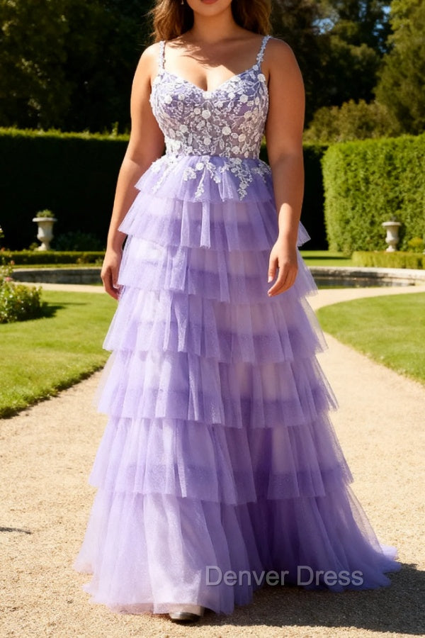 Purple A-Line Sequins Tulle Corset Tiered Long Prom Dress with Lace Up Back