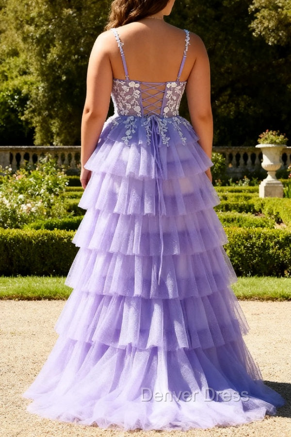 Purple A-Line Sequins Tulle Corset Tiered Long Prom Dress with Lace Up Back