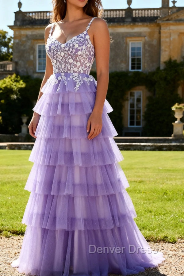 Purple A-Line Sequins Tulle Corset Tiered Long Prom Dress with Lace Up Back