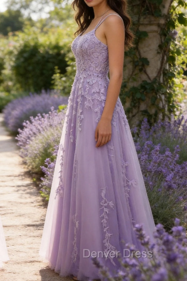 Purple A-Line Spaghetti Straps Long Prom Dress with Appliques