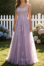 Purple A-Line Spaghetti Straps Long Prom Dress with Appliques