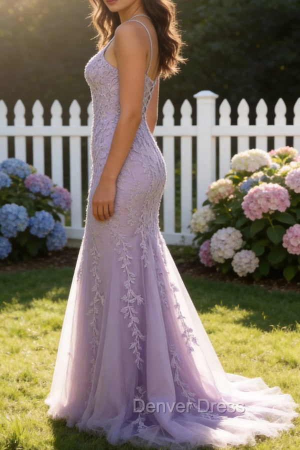 Purple A-Line Spaghetti Straps Long Prom Dress with Appliques