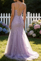 Purple A-Line Spaghetti Straps Long Prom Dress with Appliques
