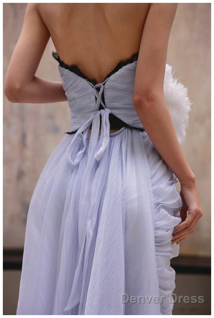 Purple A-Line Strapless Chiffon Pleated Long Prom Dress Chic Lace Graduation Prom Dress