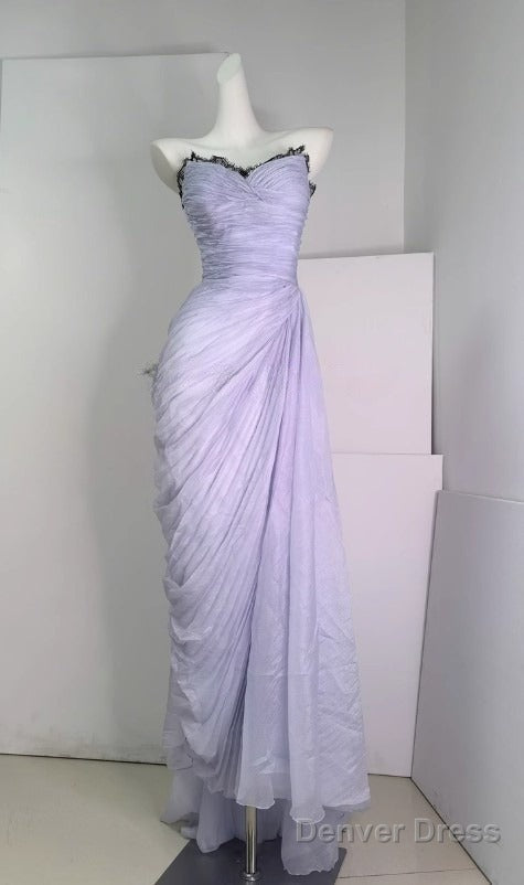 Purple A-Line Strapless Chiffon Pleated Long Prom Dress Chic Lace Graduation Prom Dress Main image