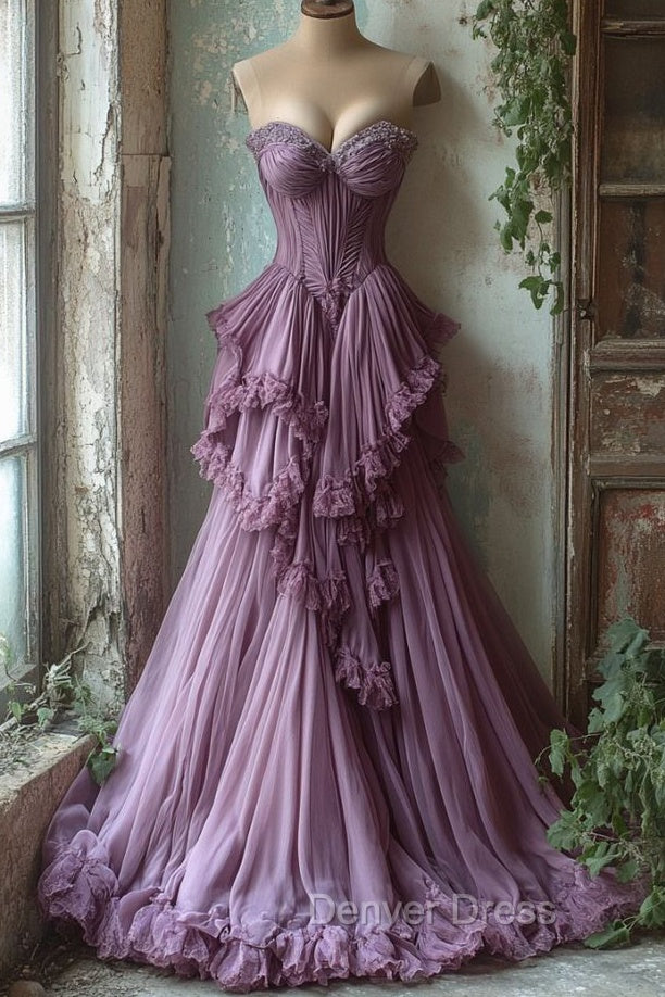 Purple A-Line Sweetheart Neck Tulle Beaded Long Prom Dresses, Vintage Formal Dresses Main image