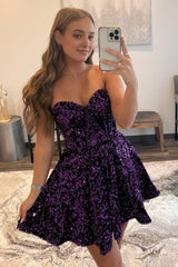 purple a line sweetheart sequins short homecoming dress with pockets