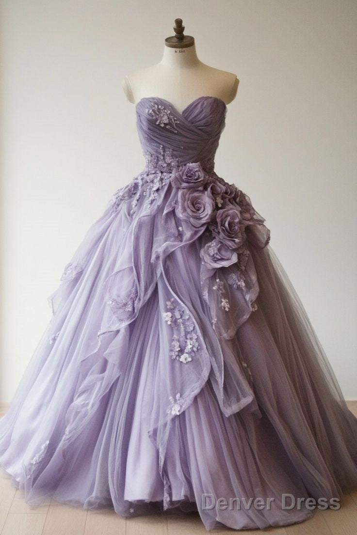 Purple A Line Sweetheart Tulle Applique Long Prom Dress Sweet Prom Dresses
