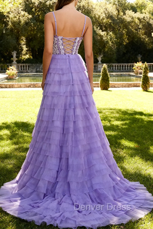 Purple A Line Tiered Beaded Corset Long Prom Dress with Slit
