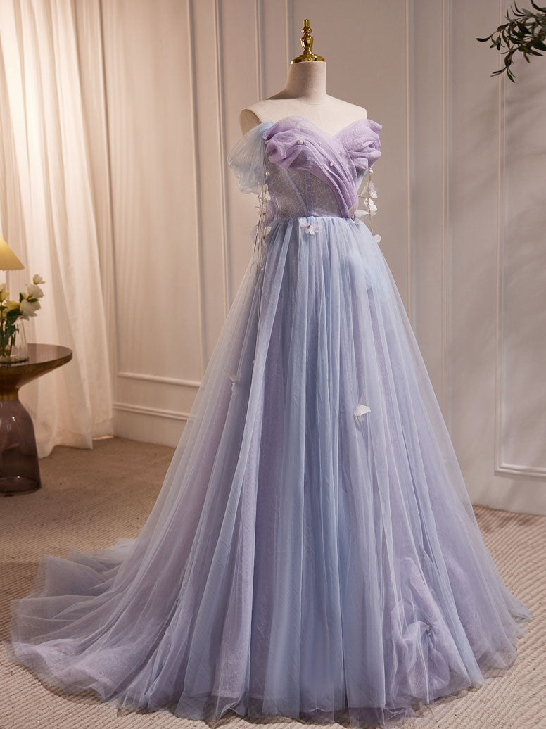 Purple A-Line Tulle Long Prom Dresses, Off Shoulder Purple Graduation Dresses