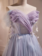 Purple A-Line Tulle Long Prom Dresses, Off Shoulder Purple Graduation Dresses