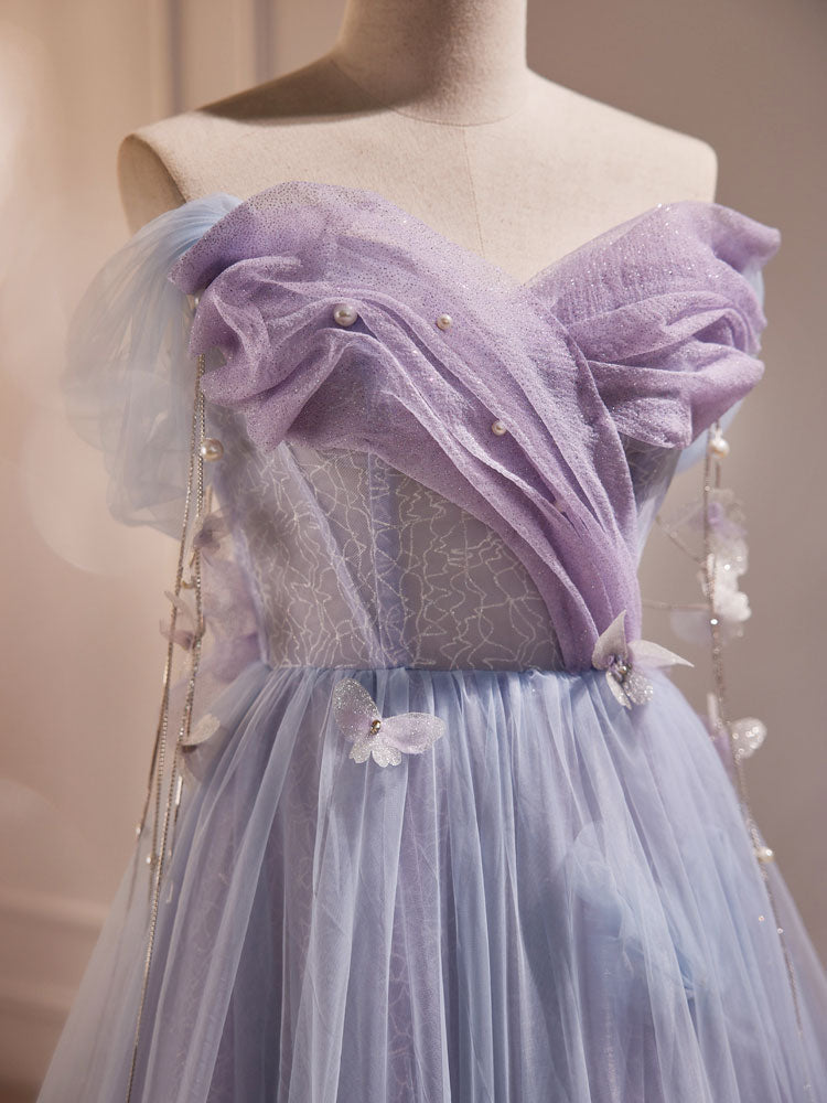 Purple A-Line Tulle Long Prom Dresses, Off Shoulder Purple Graduation Dresses