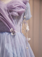 Purple A-Line Tulle Long Prom Dresses, Off Shoulder Purple Graduation Dresses