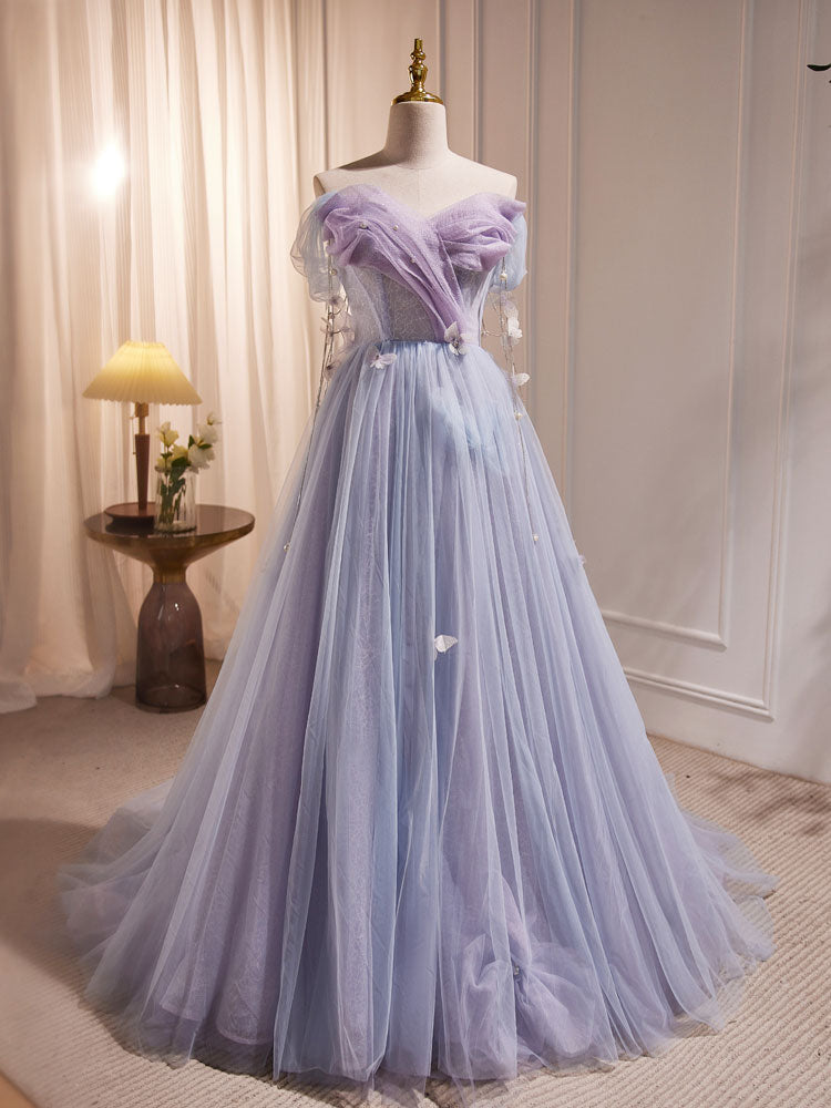 Purple A-Line Tulle Long Prom Dresses, Off Shoulder Purple Graduation Dresses