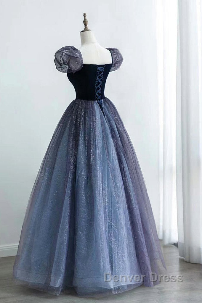 Purple A-Line Tulle Long Prom Dresses, Purple Formal Dresses