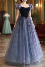 Purple A-Line Tulle Long Prom Dresses, Purple Formal Dresses