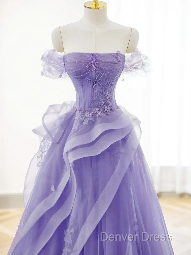 Purple A-Line Tulle Off Shoulder  Long Prom Dresses, Purple Lace Evening Dresses Secondary image