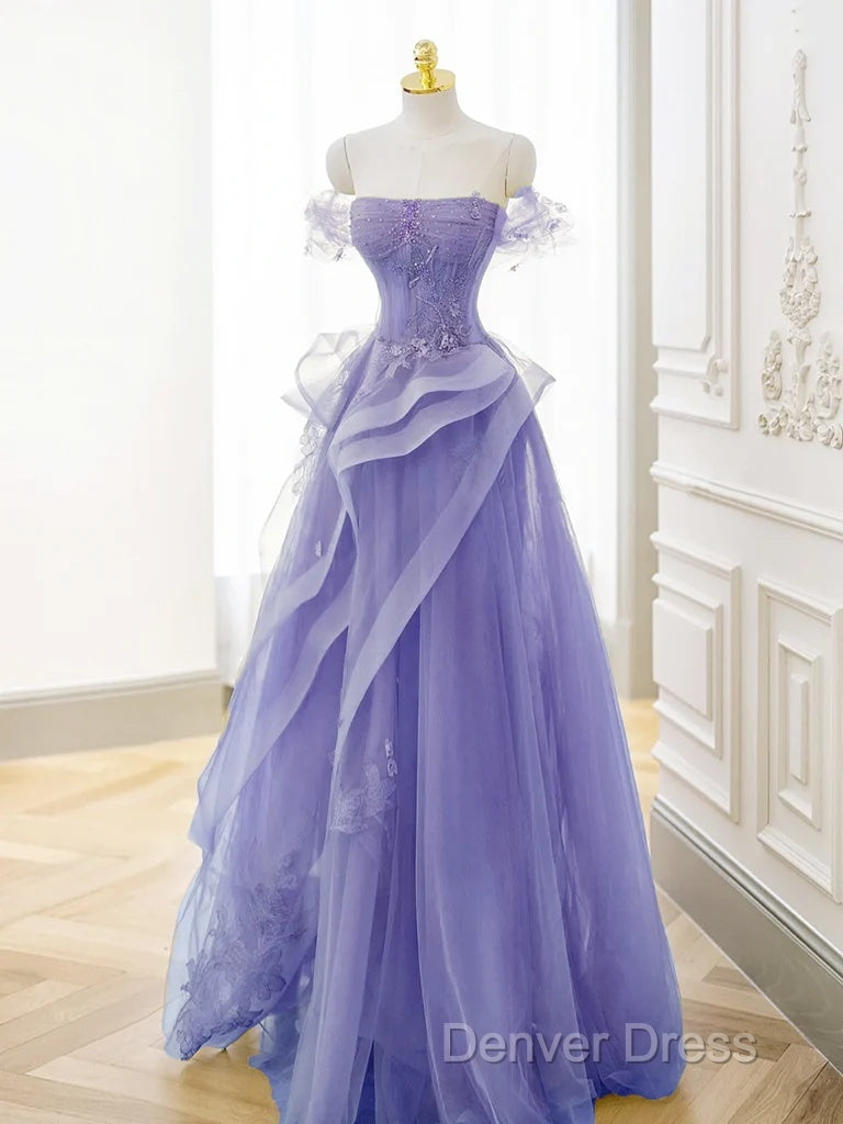Purple A-Line Tulle Off Shoulder  Long Prom Dresses, Purple Lace Evening Dresses