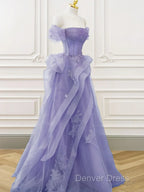 Purple A-Line Tulle Off Shoulder  Long Prom Dresses, Purple Lace Evening Dresses