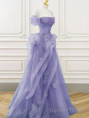 Purple A-Line Tulle Off Shoulder  Long Prom Dress, Purple Lace Evening Dress